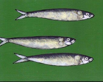 Art original handmade Animal painting Fish Sardines Bright green color 5x7