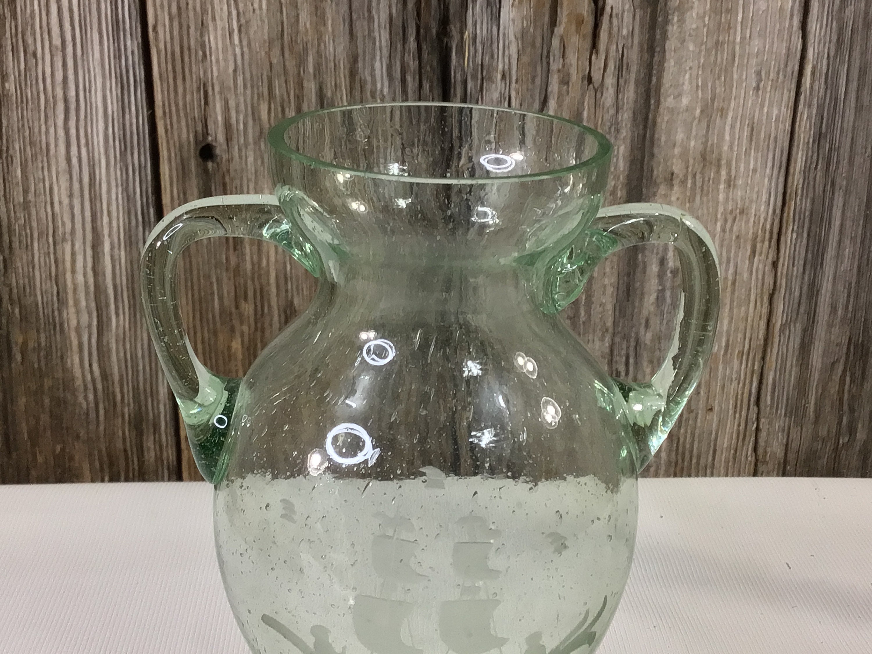 Vintage blown glass two handle vase etched ship design