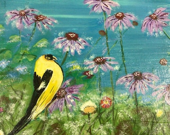 Wildflowers and yellow finch original painting