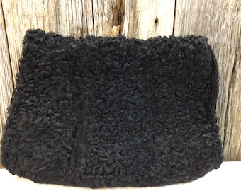 Vintage muff black lamb fur with zippered pocket