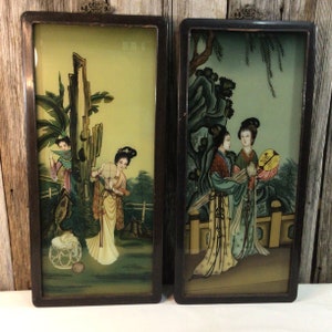 Pair antique Chinese reverse painted glass pictures