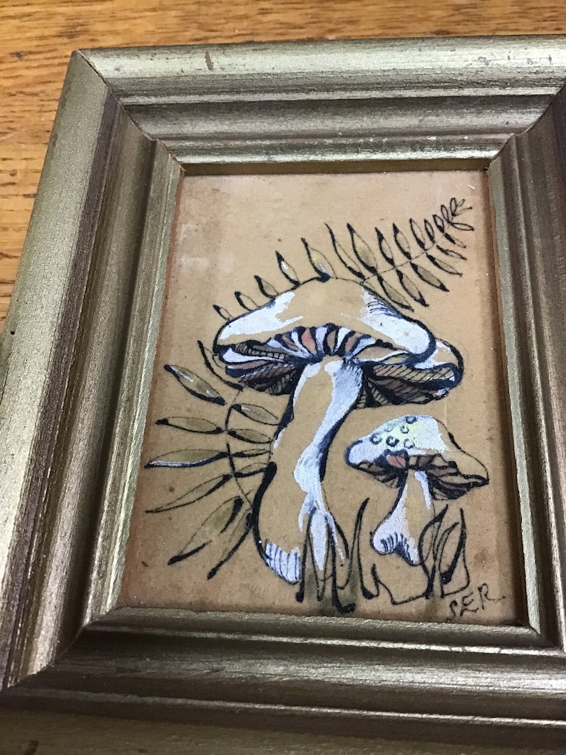 2 vintage miniature mushroom paintings