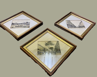 3 French prints moire mats framed under glass B&S Creations