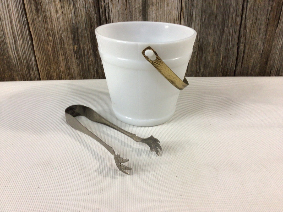 Vintage White Milk Glass Ice Bucket With Tongs Etsy