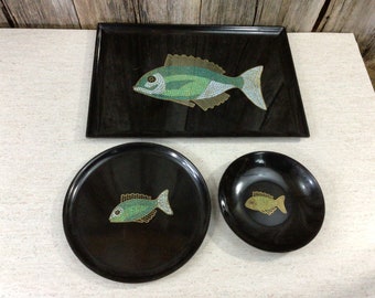 3 matched pieces Couroc of Monterey featuring MOSAIC FISH