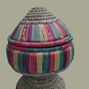 Unusual vintage woven raffia lidded container