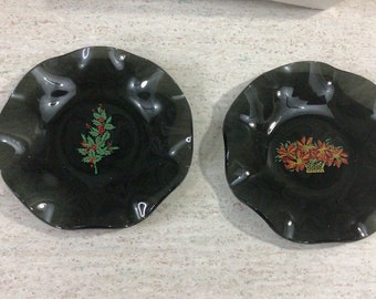 Pair mid century smoked glass Christmas trinket dishes