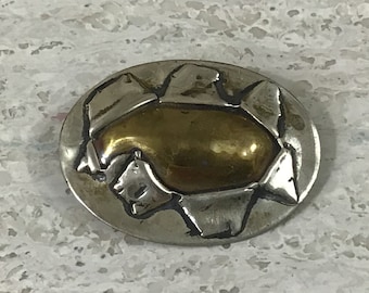 Retro modernistyczna dwukolorowa metalowa broszka sygnowana Cal