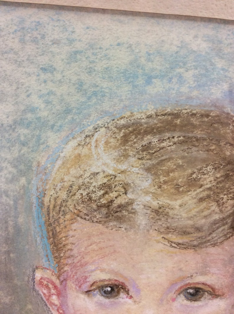 Vintage charming oil pastel painting of a little boy dated 1967