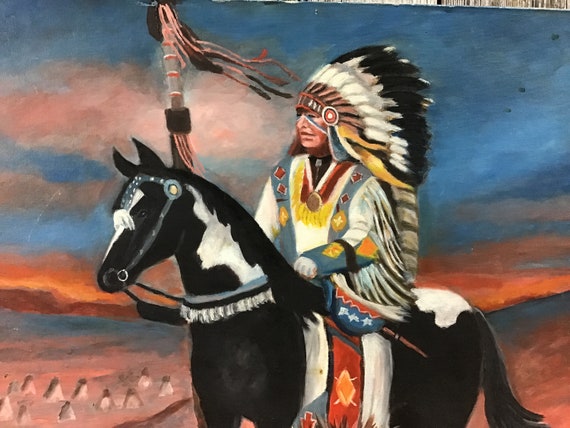 馬に乗ったインディアンの酋長を描いた大きな民俗芸術の絵画 - Etsy 日本