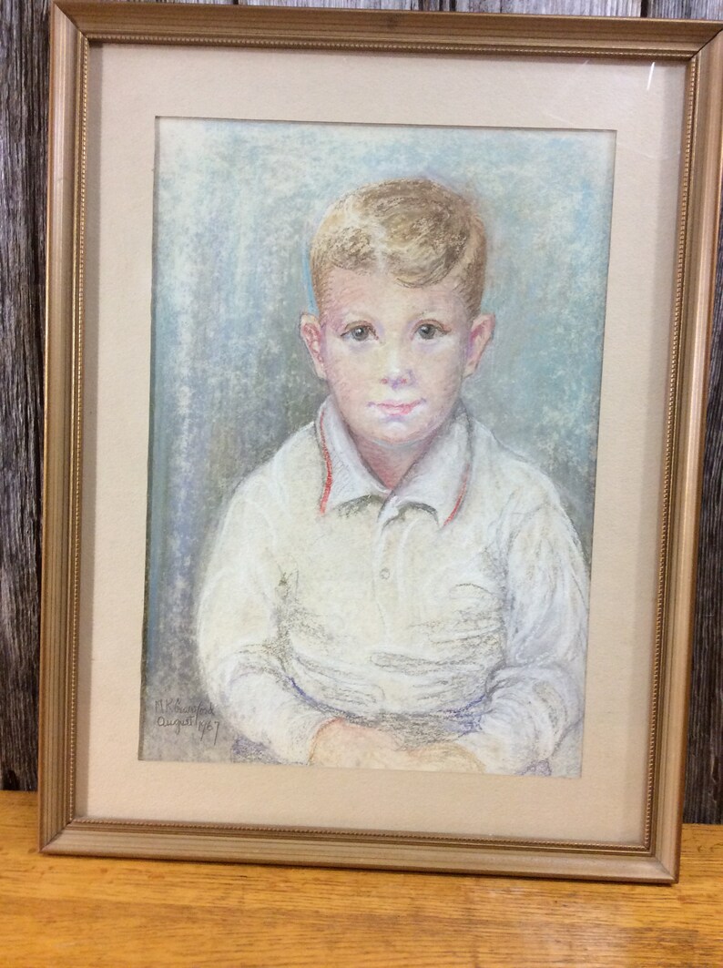 Vintage charming oil pastel painting of a little boy dated 1967