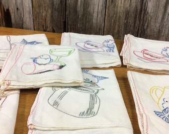 Set of 7 vintage embroidered dish towels BLUEBIRDS