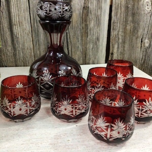 Vintage red cut glass decanter set Japanese made