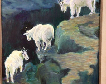 Original painting featuring 3 white mountain goats