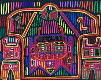 パナマモラ４点(向かい合う鳥他３点) パナマのカラフルな鳥のモラ。グナ ヤラ族の女性の刺繍。パナマ