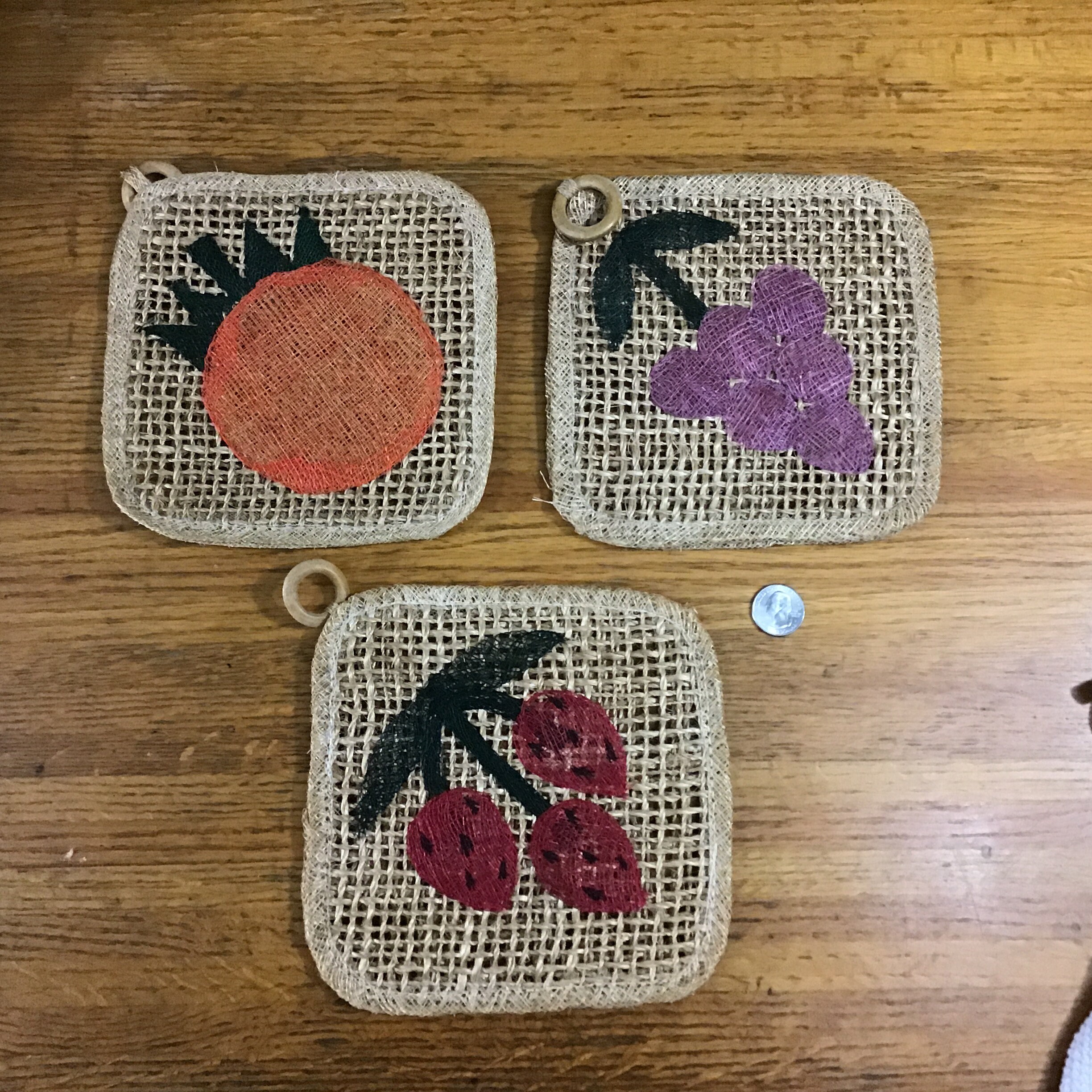 3 woven raffia decorative hanging pot holders with fruit 3 woven raffia decorative hanging pot holders with fruit