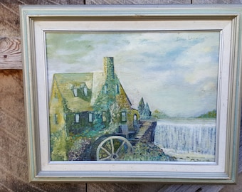 Vintage oil on canvas painting of a stone mill