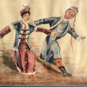 Very charming original watercolor Chinese children playing