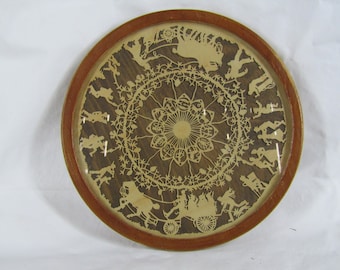 Delightful wood cutwork tray under glass zodiac