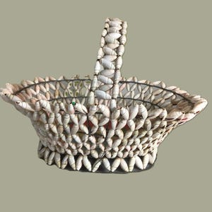 May include: A white seashell basket with a woven handle. The basket is made of small, white seashells that are woven together to create a decorative and functional piece.
