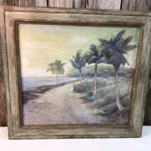 Vintage original oil painting beach scene with palm trees