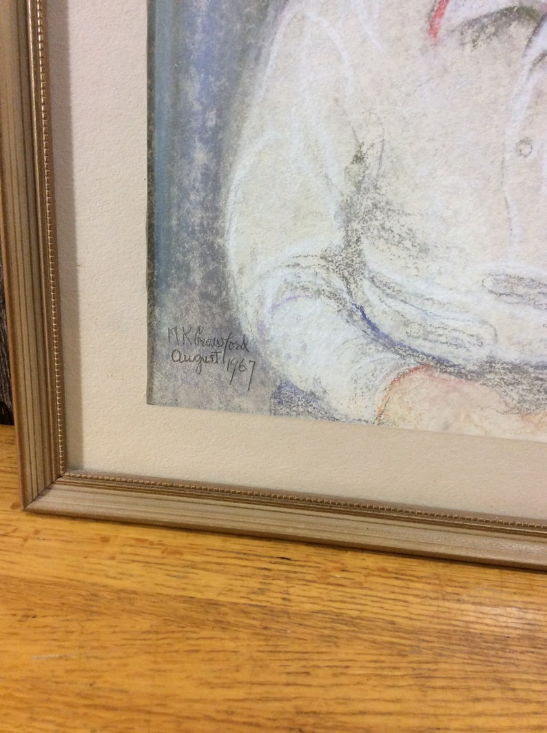 Vintage charming oil pastel painting of a little boy dated 1967
