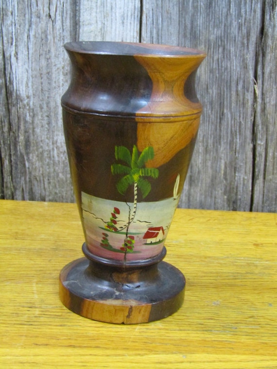Pair Of Vintage Turned Wood Vases Hand Painted Etsy
