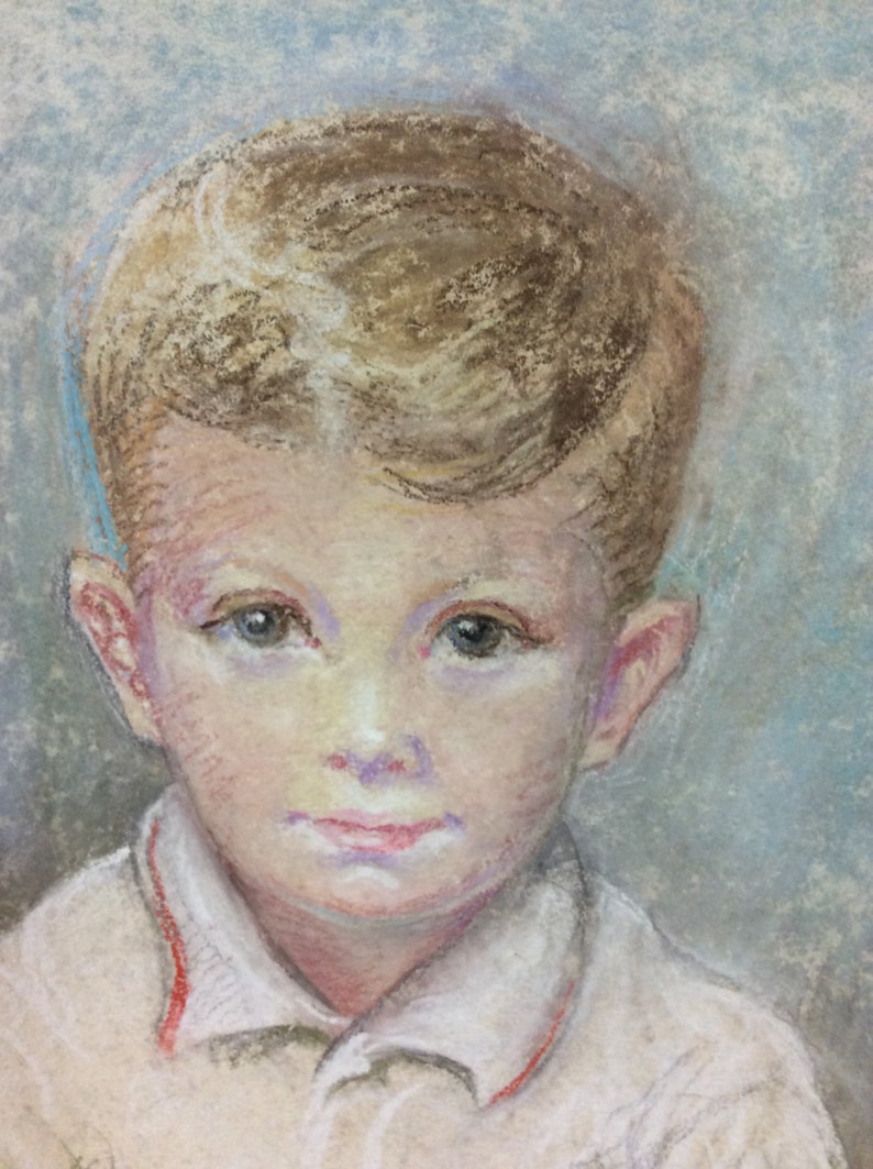 Vintage charming oil pastel painting of a little boy dated 1967
