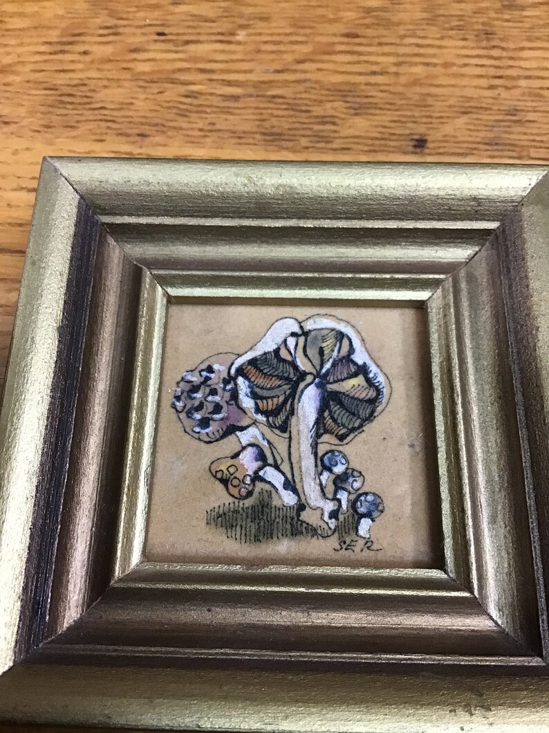2 vintage miniature mushroom paintings