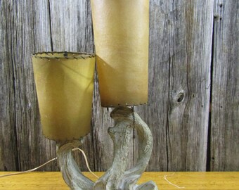 Large mid century plaster faux driftwood lamp with 2 bulbs and shades