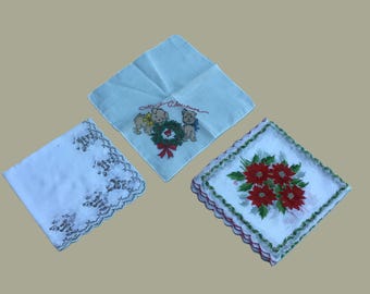 3 vintage Christmas handkerchiefs