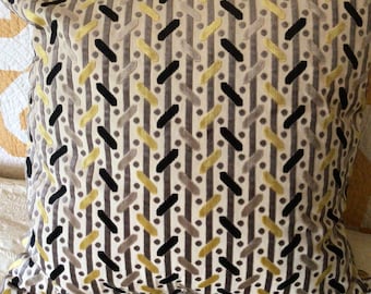 24 inch Italian velvet pillow taupe yellow and grey design