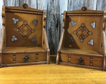 Matched pair of great antique phone shelves nice marquetry work