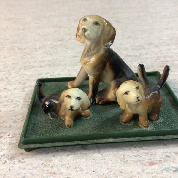 Set of vintage plastic foxhound looking dog family