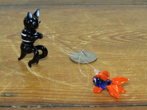 3 Cute Blown Glass Cat Fishing Pole and Fish 