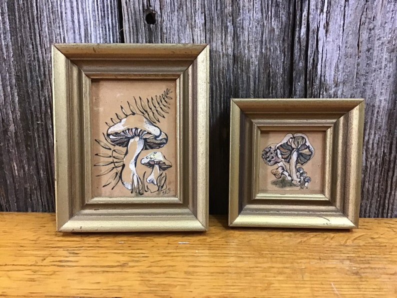 2 vintage miniature mushroom paintings