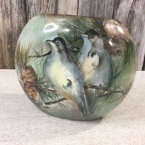 Hand painted oval vase Birds and Pinecones