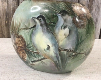 Hand painted oval vase Birds and Pinecones