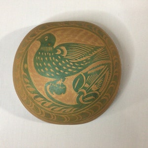Hand carved calabash gourd bowl with green bird