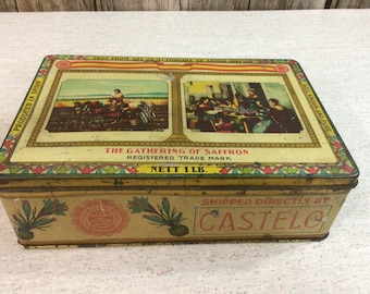 Caja de especias litografía antigua de lata de azafrán español de 1 libra