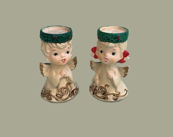 Vintage Lefton votive candleholders boy and girl angels
