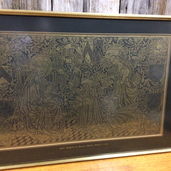 Vintage framed brass rubbing Sister Marguerite de Scornay