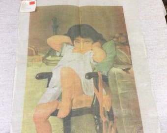 Large vintage Lee Wards needlepoint canvas BORED Little Girl