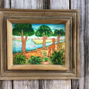 Vintage Haitian colorful jungle oil painting signed Evans Laurent