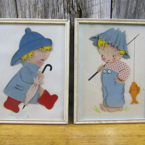 Sweet pair framed little boy and girl made of fabric