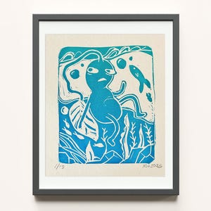 Minigrabado en linóleo de Pikmin azul