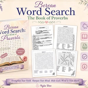 Może przedstawiać: Obraz okładki książki i stron do książki z łamigłówkami Berean Word Search, poświęconej Księdze Przysłów. Okładka zawiera tytuł, ilustrację otwartej książki oraz tekst „61 tematycznych łamigłówek” i „Duża czcionka”. Dodatkowe strony pokazują łamigłówki i rozwiązania.