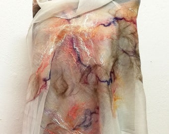 Silk Merino Nunofelted Scarf WHITE, BEIGE, Gray, ASHROSE, Bridal Women Spring, Summer, Autumn Shawl Wrap, Boho Art to Wear, Wearable Art