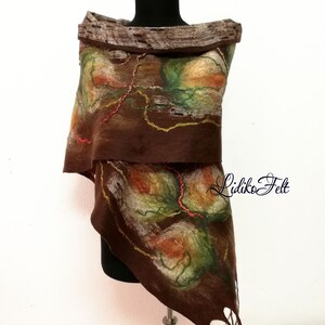 Two Sided Wool Silk Felted Scarf BROWN BEIGE Flowers Women Nunofelted Shawl Wrap Autumn Winter Colors image 2