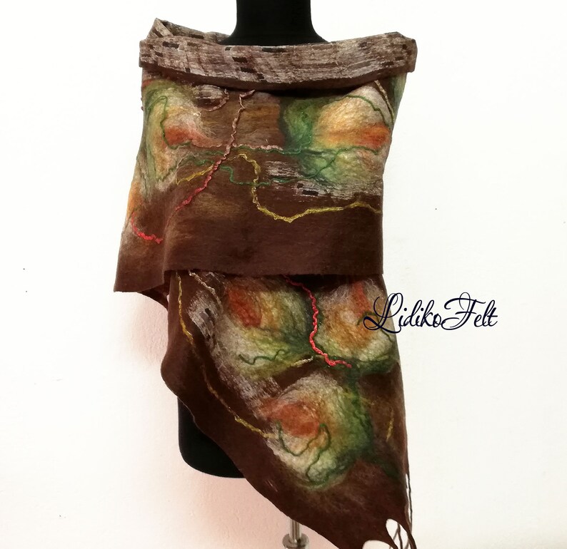 Two Sided Wool Silk Felted Scarf BROWN BEIGE Flowers Women Nunofelted Shawl Wrap Autumn Winter Colors image 2